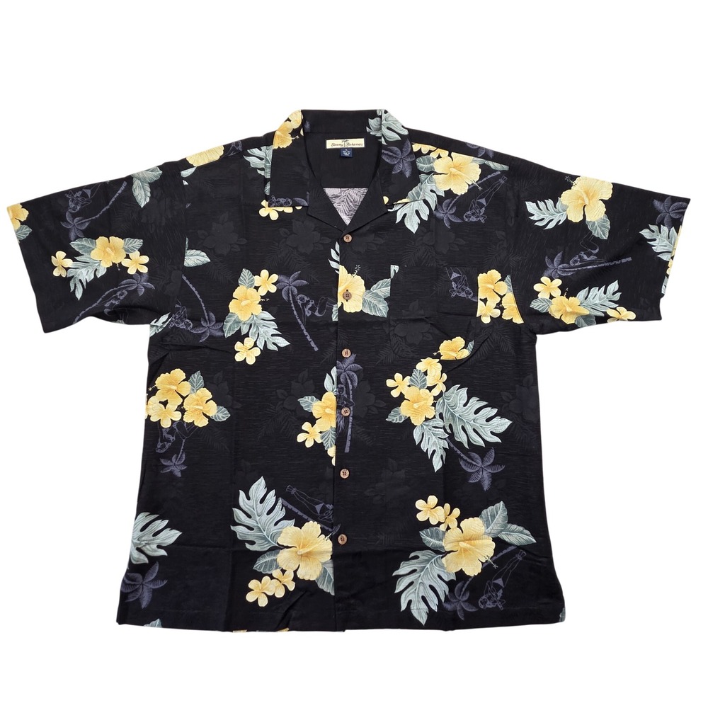 Tommy Bahama Silk Hula Girl Floral Hawaiian Camp Shirt Button Up Black Mens XL - Picture 2 of 7